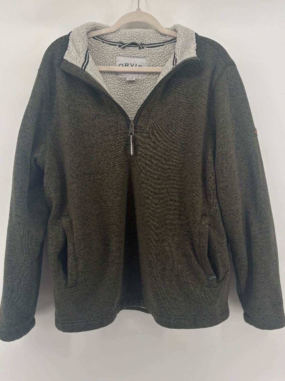 ORVIS mens long sleeve olive green quarter zip sherpa crewneck with front pocket